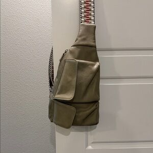 Anthropologie Olive Green Leather Crossbody Sling Bag with Woven Strap